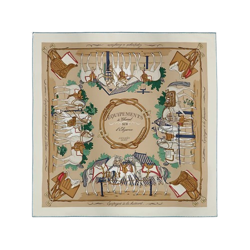 Hermès Equipements a Cheval sur l'EleganceScarf 70 - Beige Doré / Crème / Vert