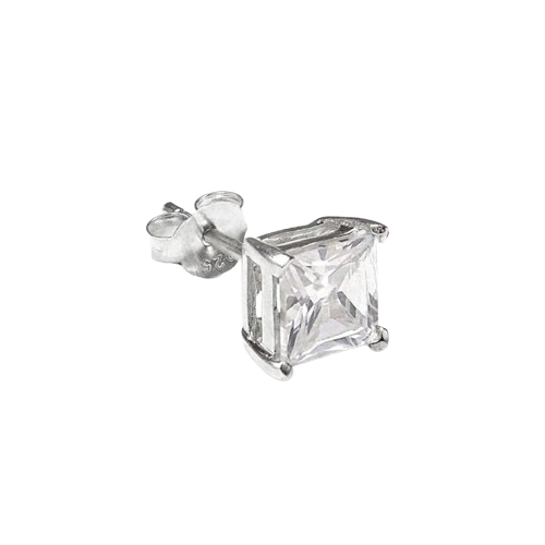 Sterling Silver Square CZ Crystal Mens Single Ear Stud - 6mm
