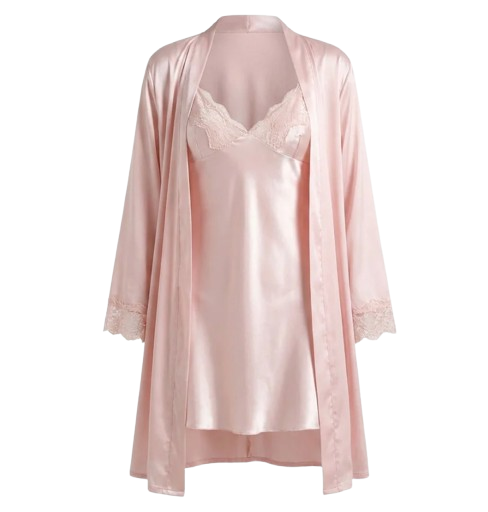 Marelia Satin Lace Trim Chemise and Robe Set - Pink