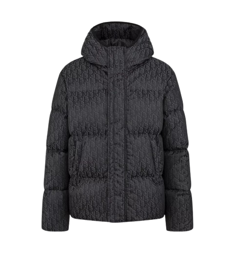 Dior Oblique Hooded Quilted Down Jacket Black Cotton-Blend Jacquard