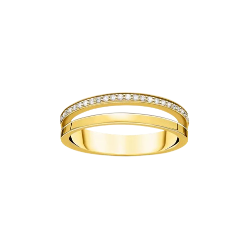 Thomas Sabo Ring Double White Stones Gold 18-Carat Gold-Plating, Sterling Silver