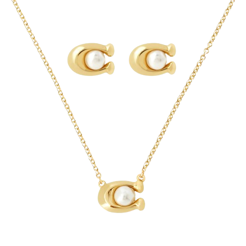 Coach Timeless Sets Yellow Gold Tone Pearl Necklace and Earrings Set
