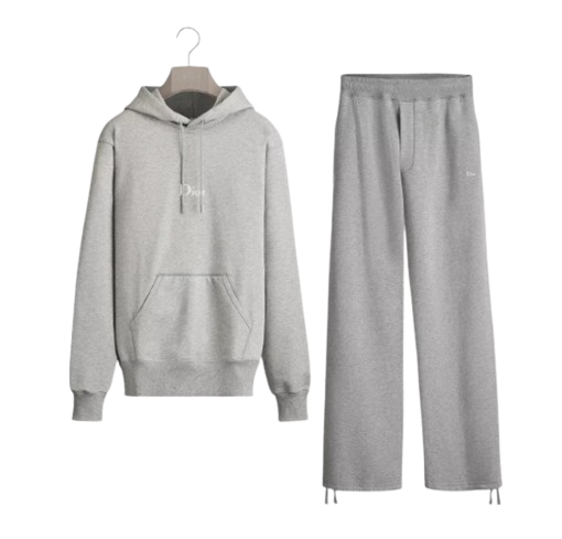 Dior Gray Cotton Fleece Tracksuit Bundle - Track Pants + Hooded Sweatshirt with Dior Embroidery