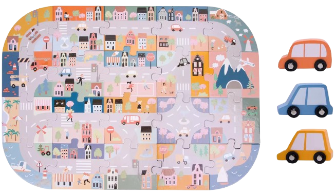 Chad Valley City Road Jigsaw Puzzle with 3 Cars