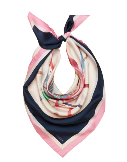Joules Bloomfield Cream & Navy Printed Square 100% Silk Scarf