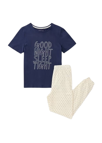 Matalan Navy Slogan Cuffed Pyjama Set