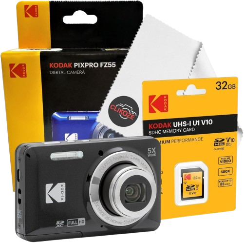 Kodak Pixpro FZ55 Compact Digital Camera, 32gb SD Card, and Clikoze Cleaning Cloth