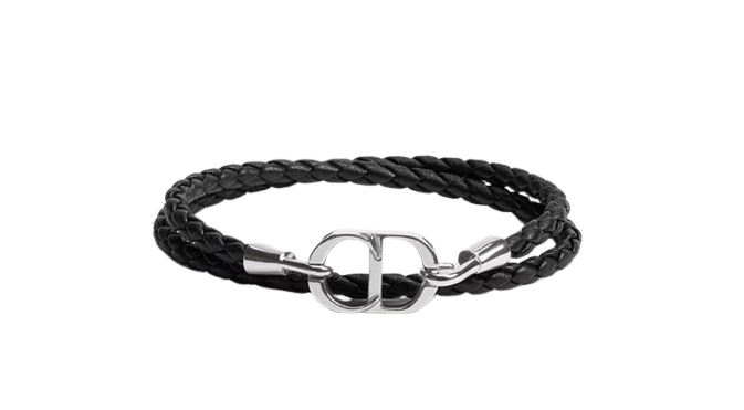 Dior CD Icon Braided Leather Double Bracelet Black Lambskin and Silver-Finish Brass