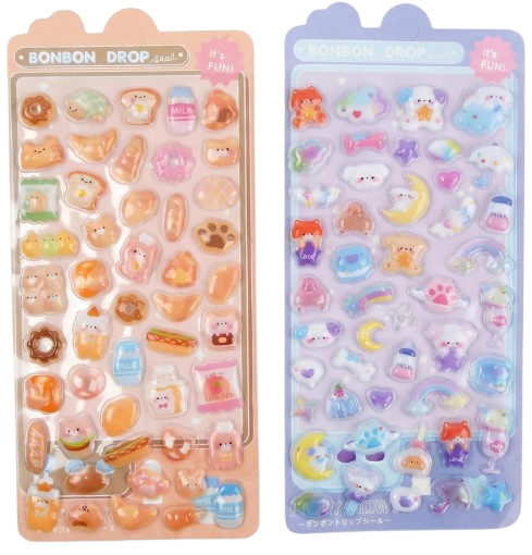 3D Autocollant Sticker Set, Mini Puffy Reusable Stickers, 2 Sheets Decorative
