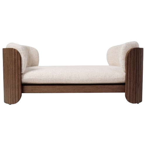 Large Beige Fabric Pet Bed with Walnut Ribbed Sides