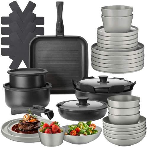 Tectake 41 Piece Grey and Black Cookware and Tableware Kitchen Starter Set